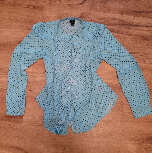 Worthington Light Blue Polka Dot Ruffled Button-Up Blouse Size Large EUC - Picture 7 of 7
